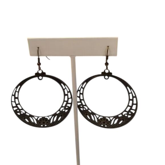 Floral Hoop Pierced Earrings Round Copper Tone Vintage like 2 inch drop - Picture 6 of 9